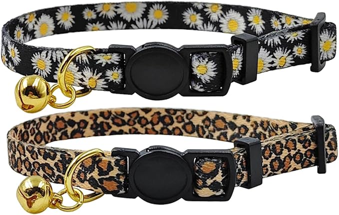 2 Pack Cat Collar, Floral Pattern, Breakaway Safe Release Buckle, Clear Bell, Polyester Material, for Adult Cats.(Leopard+Black Daisy)