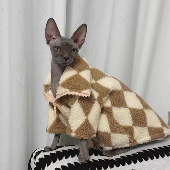 Turtleneck Sphynx Cat Winter Clothes, Double-Sided Fleece Jacket with Zipper, Sweater for Sphynx Cat Winter Warm Outfit Coat for Hairless Cats and Small Dogs Apparel with Sleeves (Diamond, Medium)