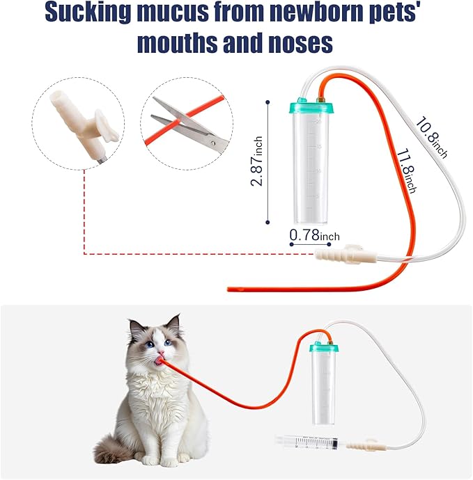 REDDOUDOU Newborn Puppy Kitten Small Animal Sterile Mucus Extractor Suction Catheter, Animal Kid Puppy Kitten Tube Feeding Kit 8 FR Red Feeding Tubes with 20ml Syringes and Bulb Aspirator