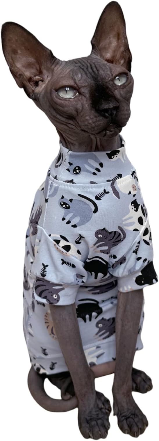 Limited Edition Sphynx Cat Cotton T-Shirts Hairless Cat Sweatshirt Pet Kitten Clothes Round Collar Kitten Shirts Vest Cats & Small Dogs Apparel (Cat Fishbone, XL (10-12 lbs))