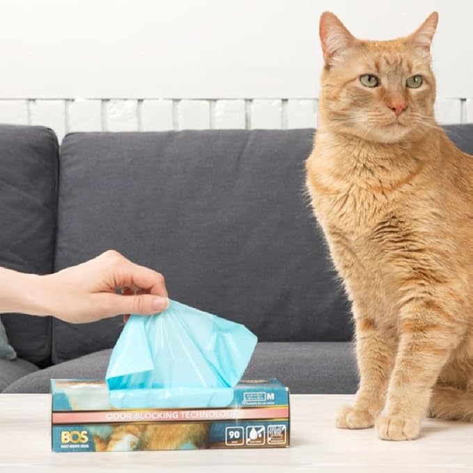Best Odor-Sealing Cat Poop Bags, BOS for Pet Waste & Kitty Litter - Disposal Bags - Scent & Smell Free (90 bags) [Size: M, Color: Light blue] NOT a litter box liner (Pack of 1)