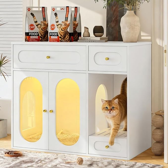 Hidden Cat Litter Box Enclosure Furniture with LED Light, Modern Litter Box Cabinet with Drawers & Acrylic Door, Multi-Entry Cat House Sideboard for Living Room, 37.4"W x 15.6"D x 31.5"H,White