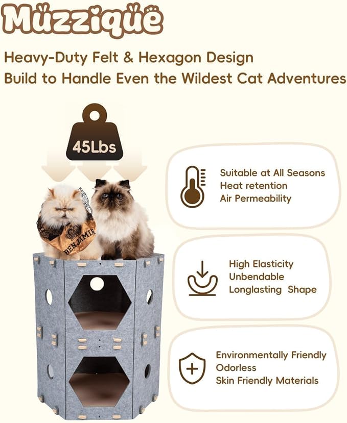 Large Cat Tunnel House Bed for Indoor Cats, w/Hair Brush, DIY Expandable Modular Felt Pet Castle, Clawsable Multi Layer Kitten Scratcher Nest, Peekaboo Small Dogs Puppy Cave, 3 Perch Kitty Furniture