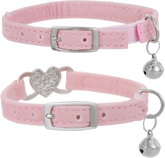 Pink Cat Collar with Bells 2 Pack, Rhinestone Kitten Collar Girl, Bling Heart Small Dog Collar
