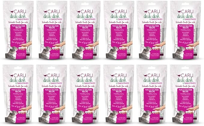 Caru - Daily Dish Smoothies - Lickable Tuna & Salmon Cat Treat - 4 Pouches per Pack - Pack of 12 (48 Total Pouches, 0.5 oz Each)