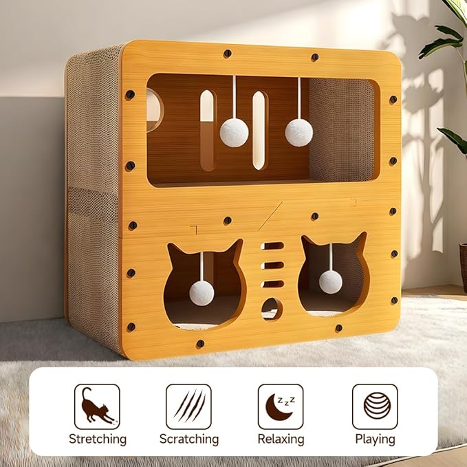 Cat Beds for Indoor Cats，Wooden Cat Scratcher House & Cardboard Condos，Covered Bedsure Kitten Bed Cave Furniture，Cute Playhouse Box，Small Size，for Cats Under 10 lbs