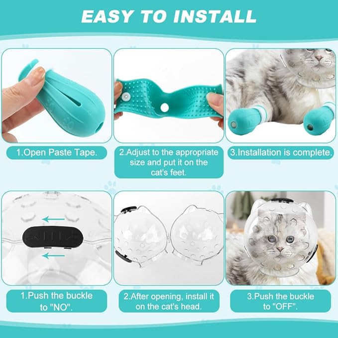 Cat Muzzle for Grooming, Transparent Cat Helmet with 4 Silicone Claw Covers, Adjustable Breathable Kitty Hood Anti Bite Bubble Astronaut Groomin Mask for Pet Bath Nail Trimming,S