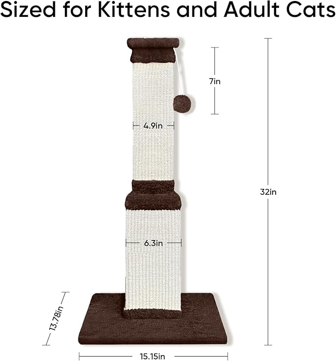 32 Tall Cat Scratching Post for Large Cats, Cat Scratcher for Indoor Cats Adults, Sturdy Sisal Scratch Post to Protect Furniture, Brown