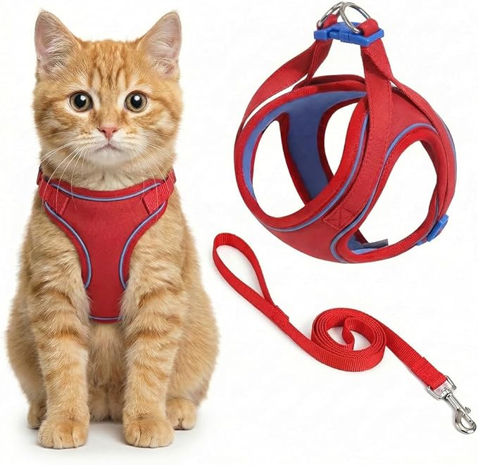 Cat Harness and Leash, Escape-Proof Cat Harness Set, Adjustable Step-in Pet Harness for Walking for Small Medium Cats (Red, L)