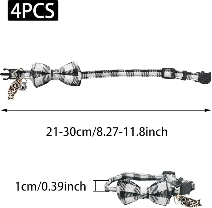4 Pcs Bow Tie Cat Collar, Breakaway Kitten Collar Quick Release Cat Collars with Bell and Small Fish Pendant, Adjustable Plaid Kitten Collar for Cats/Pet Cats Kittens
