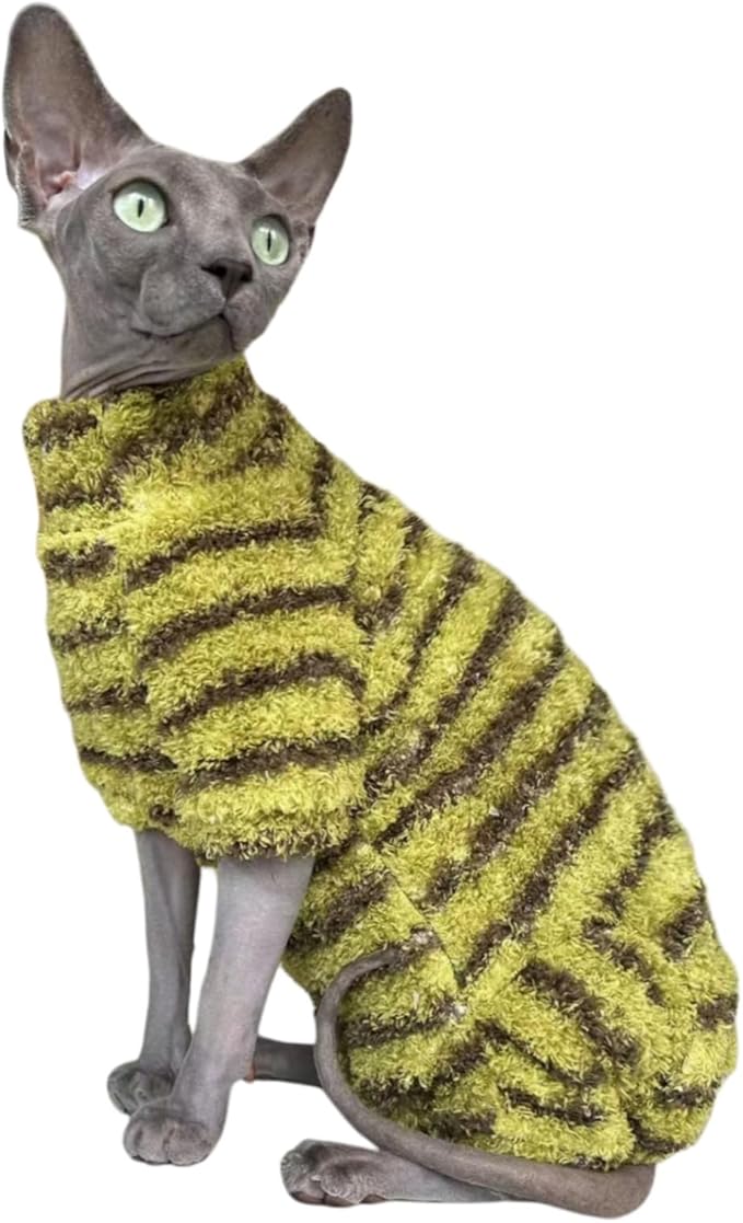 Sphynx Cat Clothes Four Leg Fleece Pajamas Super Soft Elastic Pet Clothes for Hairless Cat Surgery Recovery Suit Cat for Sphynx Devon Cornish (Green Black Stripe, Medium)