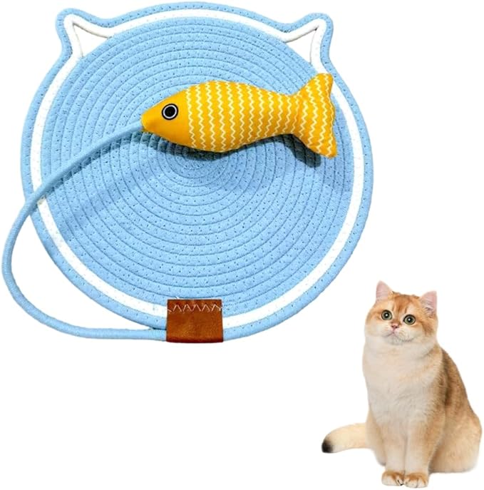 Cat Scratcher Mat Cotton Rope, Round Woven Scratch Pad with Fish Toy, Wear-Resistant Cat Bed Mat with Hanging Loop for Sleeping Scratching Furniture Protects