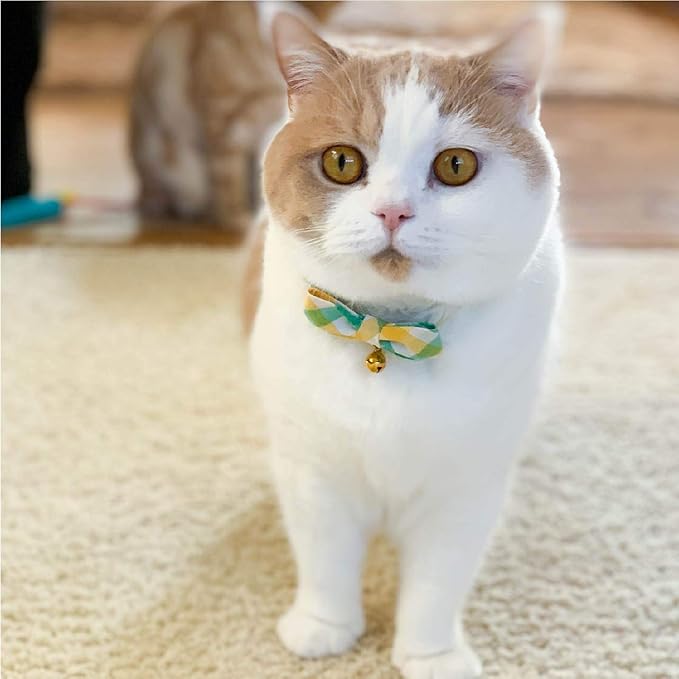 Purrfect Picnic Bow Tie Cat Collar (Yellow) with Bell Safety Breakaway Soft Lightweight for Cats Kitty Kitten Japanese Stylish Pattern, No.1 Seller in Japan