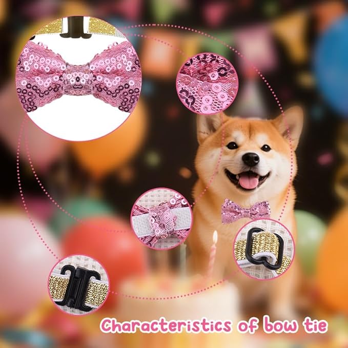 Pink Sequin Bow Tie for Pet Cat Dog Bow Ties for Dogs Cats Pets Pink Accessories for Pet Cat Dog Sequin Bowtie for Dogs Cats Adjustable Bow Tie for Dog Cat Sparkly Bowtie for Puppy Kitten