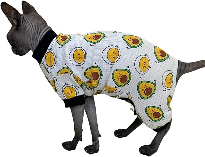 Sphynx Cat Four Leg Cotton Pajamas Elastic Pet Clothes for Hairless Cats Surgery Recovery Suit Cat Undershirt Clothes for Sphynx, Devon, Cornish (Egg & Avocado, XL)