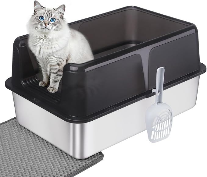 Stainless Steel Cat Litter Box with Lid - XL Extra Large Enclosed Metal Litter Pan for Big Cats, High Sided Non-Stick Odor Resistant Anti-Urine Leakage, Easy Clean with Scoop & Mat, Black