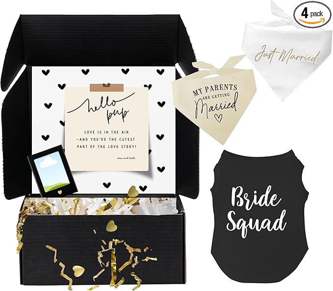 Dog Bridal Wedding Gift Box – 2 Cotton Bandanas (My Parents are Getting Married, Just Married) 1 Bride Squad Dog Tee & Magnetic Photo Frame 2.5" x3,5|Black, 2X-Large 40