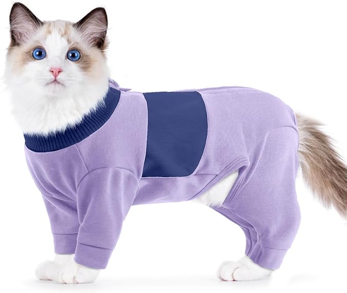QBLEEV Cat Clothes, Soft Cat Sweaters for Cats Only, Kitten Surgery Recovery Suit Onesie Pajamas, Four Legs Cats Shirts Apparel Clothing for Hair Loss Prevention, Purple, XXL