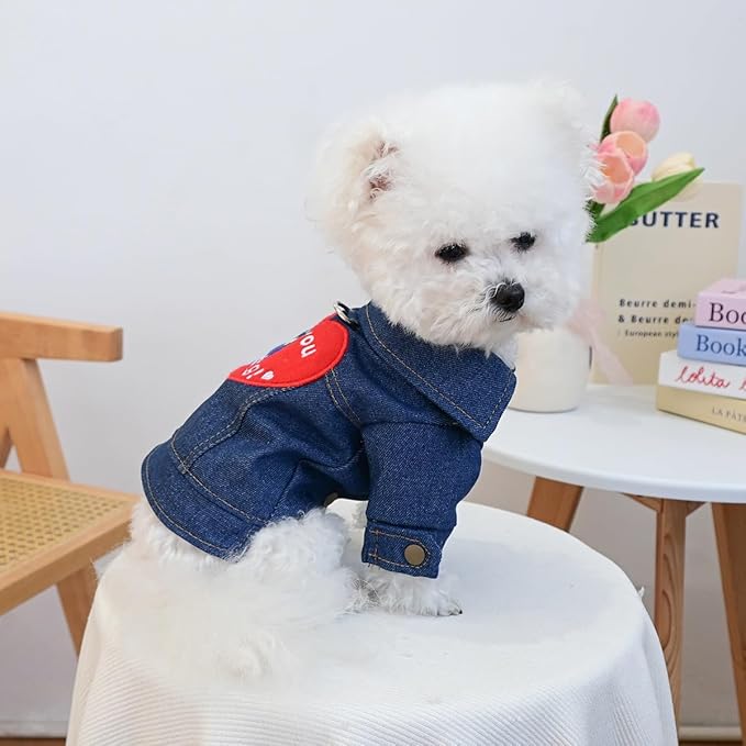 Premium Denim Jacket for Dogs & Cats – Reinforced D-Ring, Embroidered Heart “Thank You for Existing” Patch, Soft Jean Outfit for Small Pets(XL)
