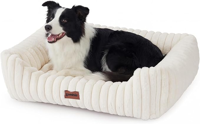 ZOMISIA Dog Bed Medium Size Dog - Large Rectangle Orthopedic Pet Bed with Fluffy Washable Cover and Anti-Slip Bottom, 30x24x9inches, Cream