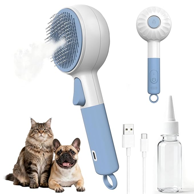 DebutPet Cat Steam Brush for Shedding - 3 in 1 Steamy Cat Brush with Water Spray, Self Cleaning Dog Grooming Comb for Tangled & Loose Hair, Massage Pet Hair Removal Tool (USB Rechargeable)
