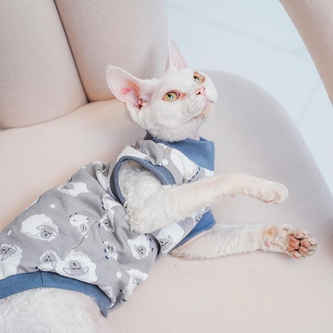 Sphynx Hairless Cat Summer Cotton T-Shirts Cat Vest Pet Clothes, Round Collar Vest Kitten Shirts Sleeveless, Cats & Small Dogs Apparel (Sheep, S (3.3-5 lbs))