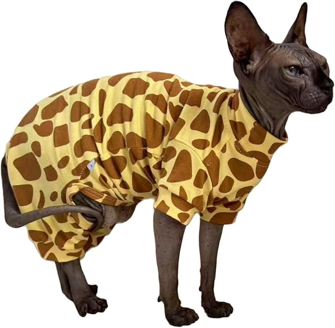 Sphynx Cat Four Leg Cotton Pajamas Elastic Pet Clothes for Hairless Cats Surgery Recovery Suit Undershirt Thermal Clothes for Sphynx, Devon, Cornish (Giraffe, XL)