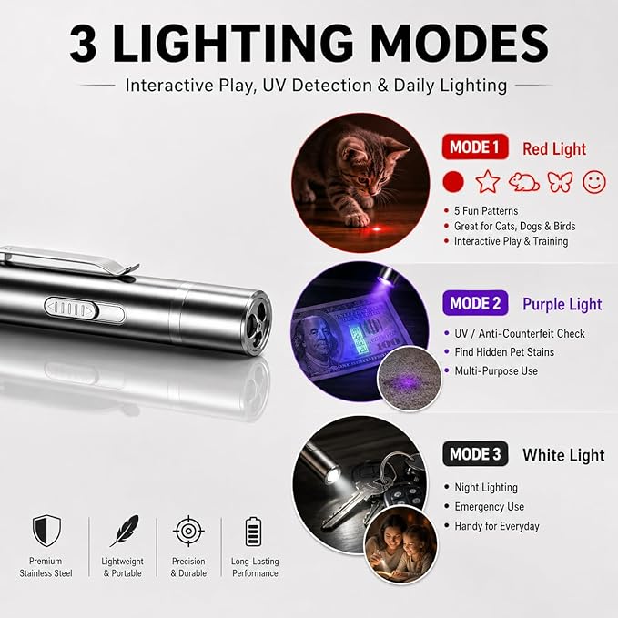 Cat Interactive Light Toy, 3 Light Modes & 5 Fun Patterns, USB Rechargeable Pointer for Cats/Dogs/Birds, 20-Min Fast Charge, Stainless Steel Portable Cat Chaser Toy with RingwormDetector & Flashlight