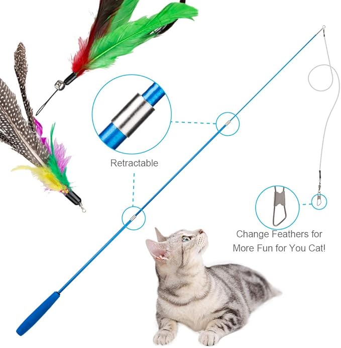 JIARON Cat Toys Feather Toy, 2PCS Retractable Wand and 10PCS Replacement Teaser with Bell Refills, Interactive Catcher and Funny Exercise for Kitten.