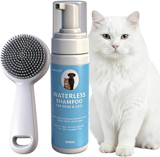 Waterless Cat Shampoo with Brush, Cat Bath No Rinse Dry Foam, Reduce Itchy Skin Shedding and Odor Control, Cats Kitten Shampoo