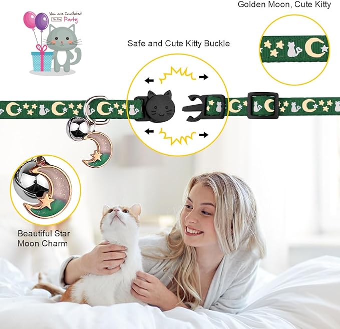 Baeuppit 2PCS Breakaway Cat Collars with Bell Cute Kitty Glow in The Dark Adjustable Kitten Collars 7.9-13.0 Inch(Deep Green&Black)
