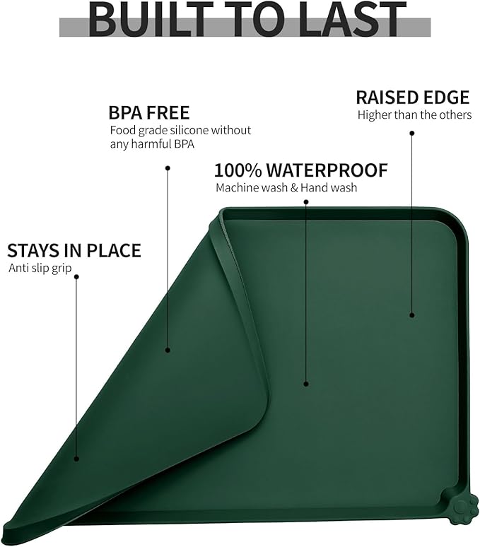 Reopet Waterproof Pet Feeding Mat, Non-Slip Silicone Placemats for Dog Cat Food and Water Bowl, High Raised Edges to Prevent Spills and Protect Floors