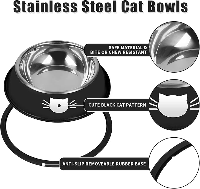 Serentive 2 Pcs Non-Slip Stainless Steel Small Cat Food Bowls - Unbreakable, Thicken 13 Oz Cat Dishes - Indoor, Removable Rubber Base, Easily Clean, Lovely Color