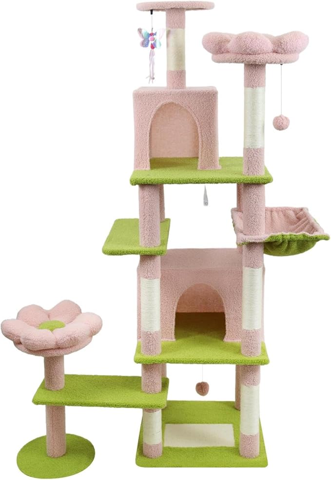 71" Flower Cute Cat Tree for Indoor Cats Large Adult, Tall Cat Tower with Scratching Post & Condo, Hammock, Aesthetic Cats Stand, Modern, Easy Assembly (Pink, 71" Tall)