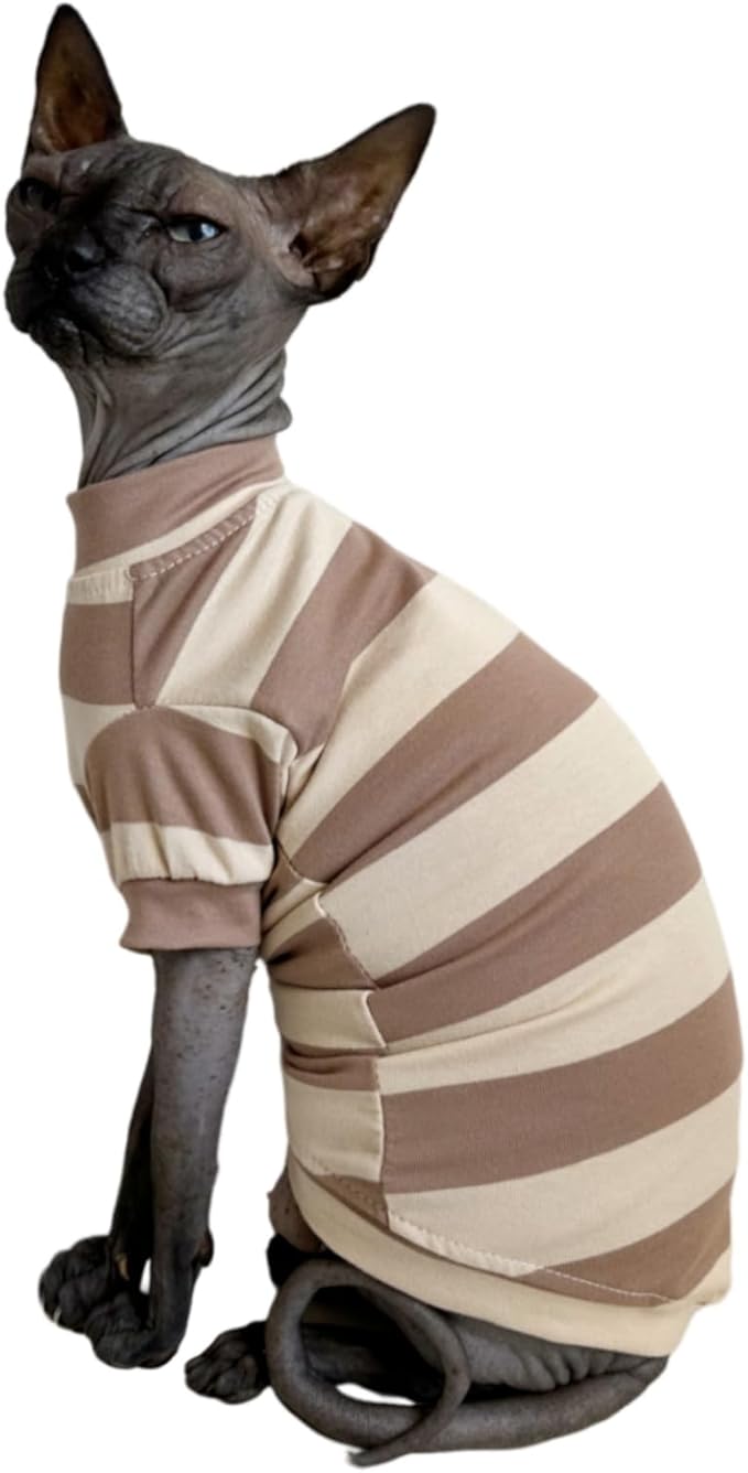 Sphynx Cat Clothes Shirts for Hairless Cat, Wide Stripe Cats Apparel, Kitten Summer Cotton T-Shirts with Sleeves for Cornish Rex, Devon Rex, Peterbald (Coffee, XX-Large)