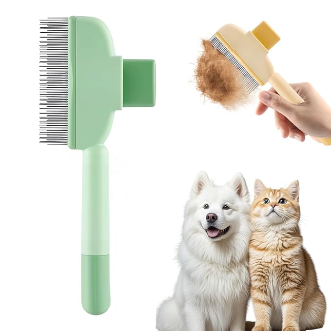 Cat Self Cleaning Pet Hair Removal Comb, 2026 New Cat Grooming Brush, Pet Comb with Long Short Stainless Steel Metal Teeth, Pet Grooming Supplies for Cat, Dog (1, Green)