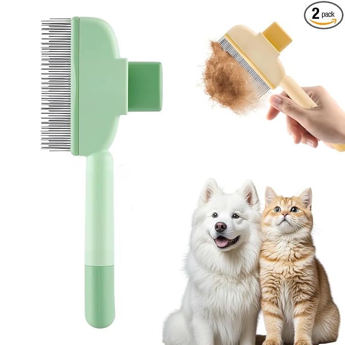 Cat Self Cleaning Pet Hair Removal Comb, 2026 New Cat Grooming Brush, Pet Comb with Long Short Stainless Steel Metal Teeth, Pet Grooming Supplies for Cat, Dog (2, Green)