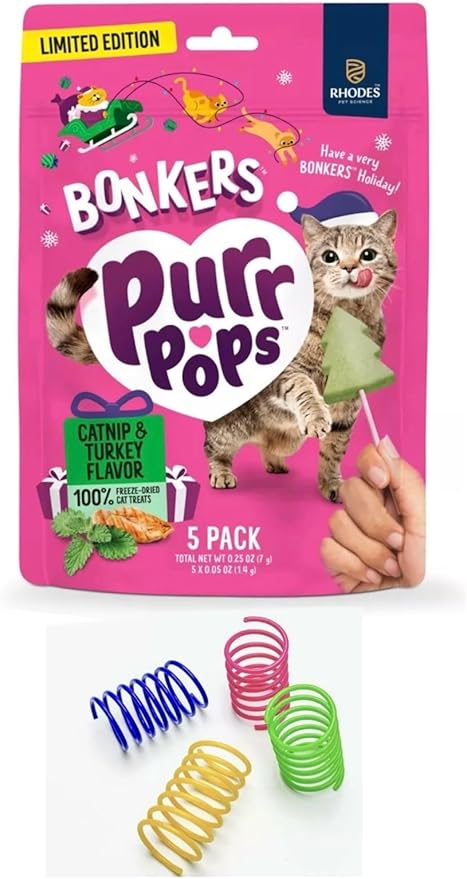 Bonkers Purrpops Limited Edition Christmas Themed Chicken Flavor Freeze-Dried Licks Cat Treats Catnip & Turkey Flavor - 1 Pack of 5 Units with Cat Spring Toys