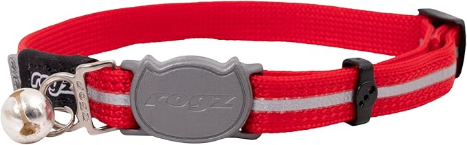 Rogz Reflective Nylon Cat Collar with Breakaway Clip and Removable Bell, fully adjustable to fit most breeds, Red