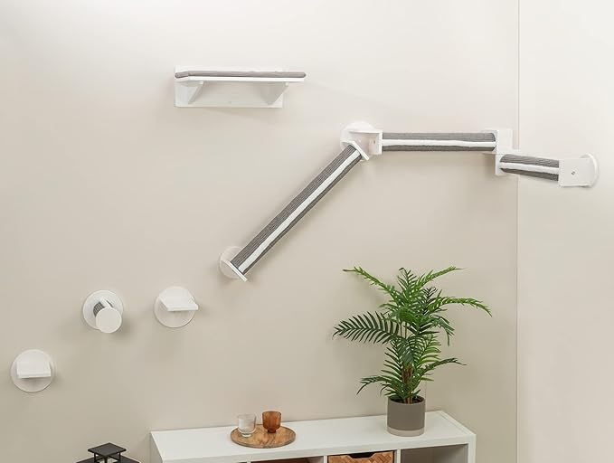 Trixie Cat Wall Furniture Set 6-7pc Cat Climbing Wall Set - Sisal Rope Scratching Posts, Elevated Bed, Corner Shelf, Steps - Gray/White