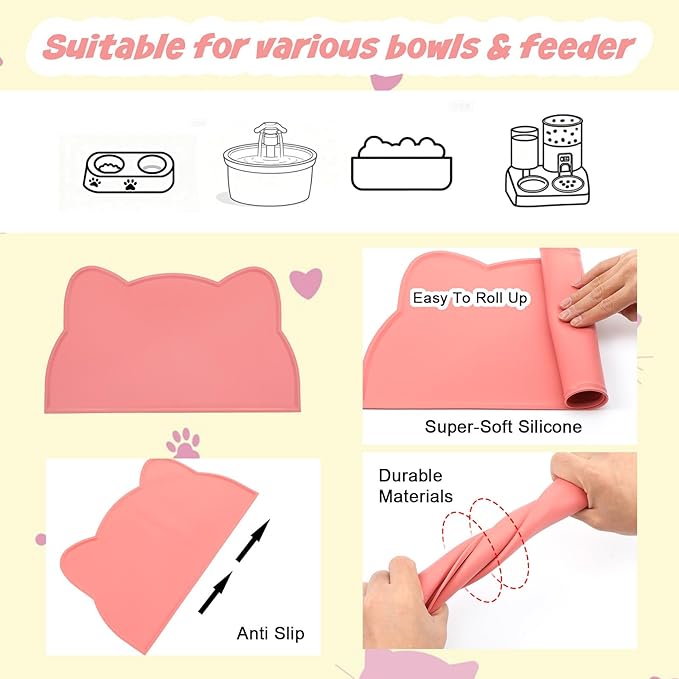 Xindojuz Cat Bowl Mat for Food and Water, Silicone Pet Feeding Food Mat for Floor Waterproof Non-Slip Dog Water Bowl Tray Cushion with Raised Edge for Indoor Cats Dogs Pet Placemat (Pink, 44×26 cm)