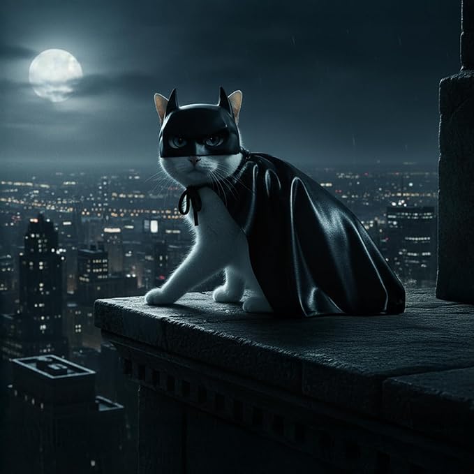 Black Bat Cat Mask and Cloak Costume for Indoor Cats, Funny Superhero Pet Outfit for Christmas, Cosplay, Parties and Photoshoots, Hooded Cape for Cats Big Size