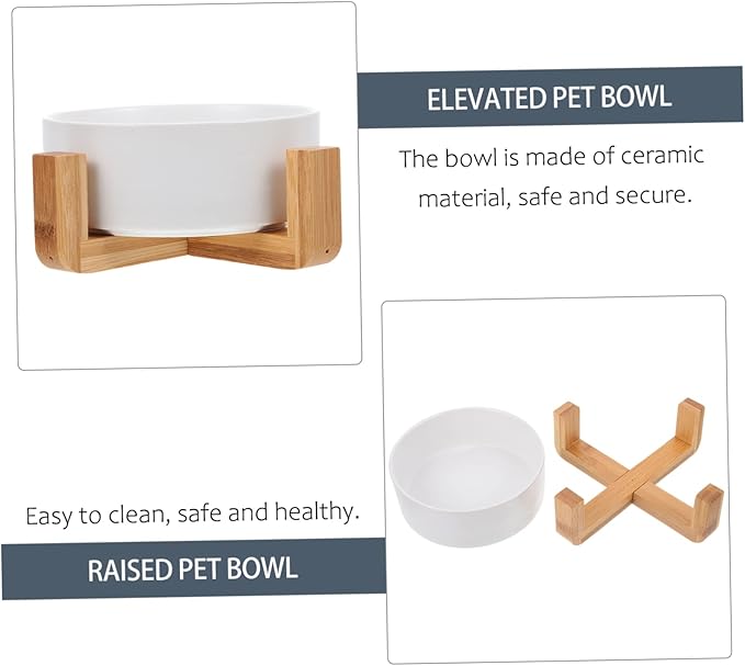 Practical Elevated Dog Bowl Ceramic Cat Feeding Watering Supplies Structure Non-Slip Wooden Shelf