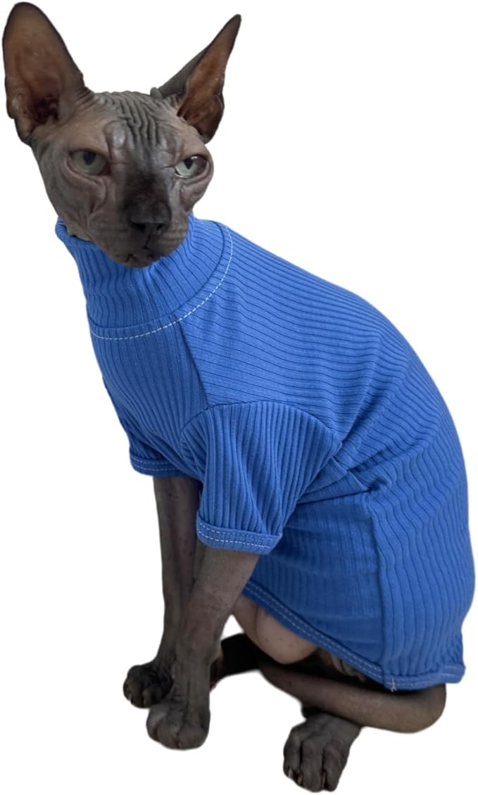 Sphynx Cats Shirt Cat Turtleneck Cotton Sweater Pullover Kitten T-Shirts with Sleeves Cat Pajamas Jumpsuit for Sphynx Cornish Rex, Devon Rex, Peterbald (XX-Large (Pack of 1), Deep Blue)