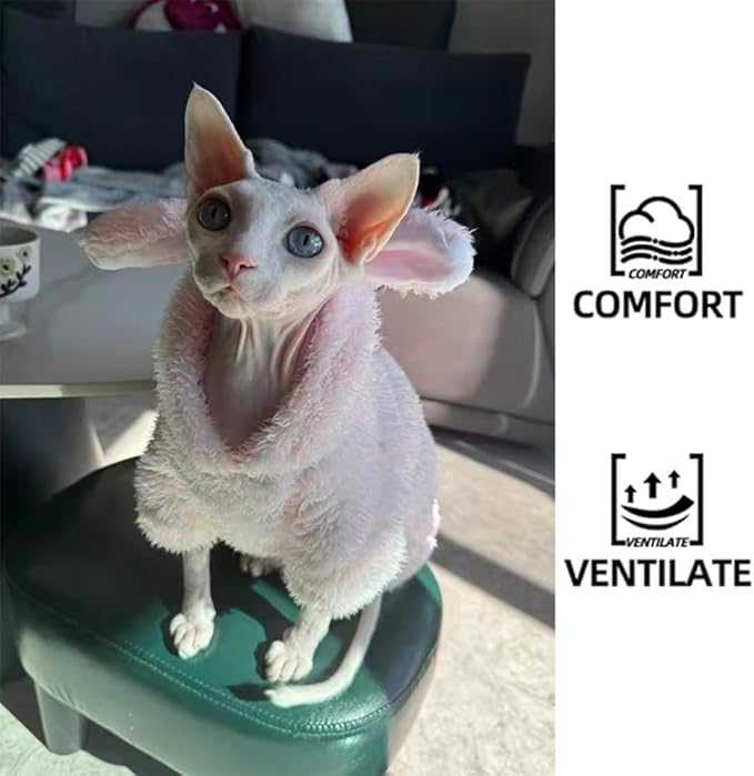Stretchy Fuzzy 2-Leg Cat Hoodie Pajamas for Sphynx,Soft Fluffy Loungewear with Bunny Ears, Cozy Home Clothes for Hairless Cats, Winter Warm Outfit Sweater (Pink, L (5.5-8 lbs))