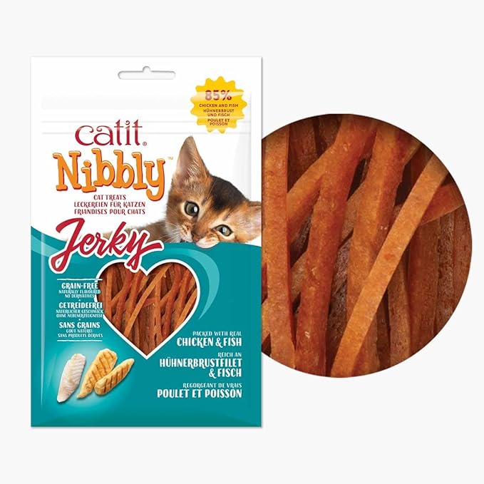 Catit Nibbly Jerky Cat Treats, Chicken & Fish Recipe - Grain-Free Cat Treat White, 1 Ounce (Pack of 2)