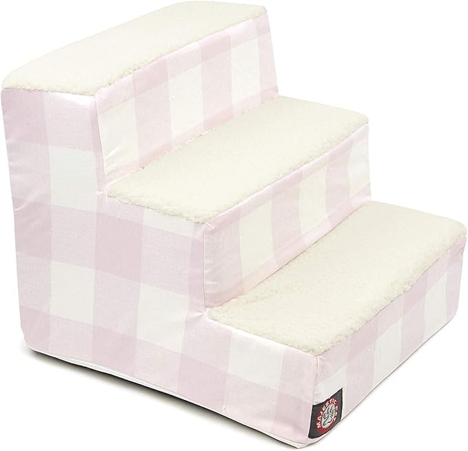 Majestic Pet 3 Step Portable Dog Stairs for Small Dogs to Get on Bed Supports 250 lbs or Less – Dog Steps for High Bed with Machine Washable Cover –Pet Stairs for Cats Anderson Check Soft Blush