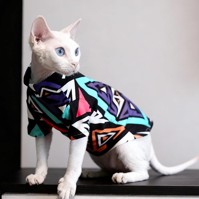 Sphynx Cat Clothes Shirts for Hairless Cat,Graphics Printed Kitten Apparel Clothes for Cats Only,Soft Sphinx T-Shirts Sweatshirt with Sleeves for Cornish Rex, Devon Rex,Geo Pop,2XL