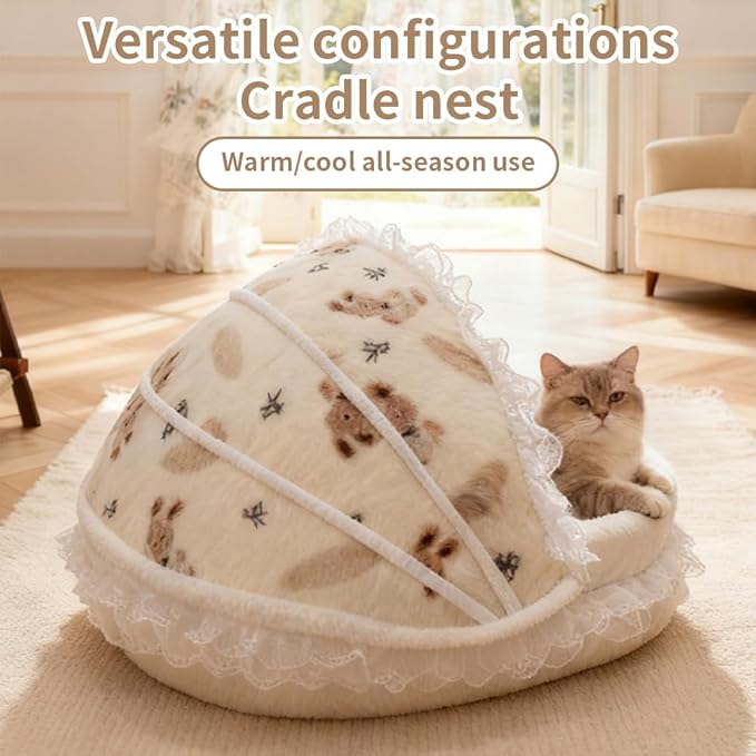 Cradle Nest Cat Cave Bed - Semi-Enclosed Plush Cradle Pet Bed with Removable Washable Cover, Cute Princess Dog Bed, Small Dog House & Cozy Cat Furniture for Indoor Cats, Small Dogs, Puppies