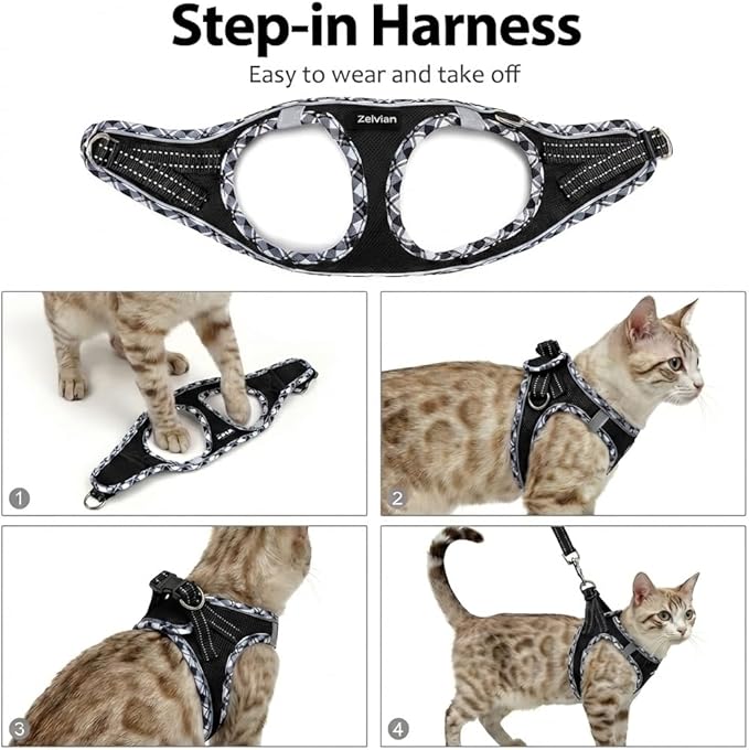 Cat Harness and Leash Set for Walking, Escape Proof Adjustable Soft Mesh Kitten Harness with Reflective Strips, Breathable No-Choke Pet Vest for Medium Cats or Small Dogs(Black,M)